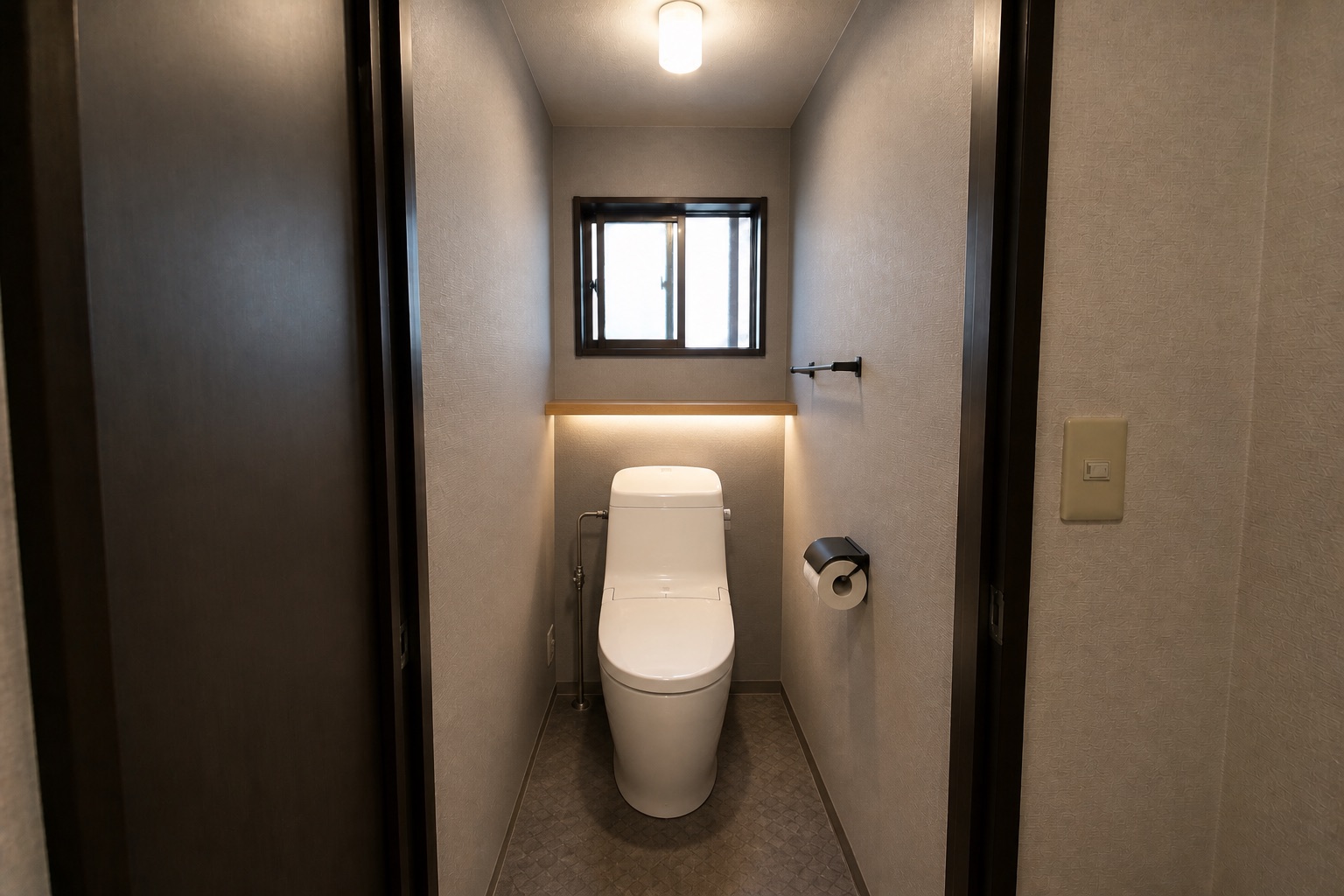 同じ窓と配管位置を保ち棚下照明とグレージュ内装で整えたトイレ施工イメージ